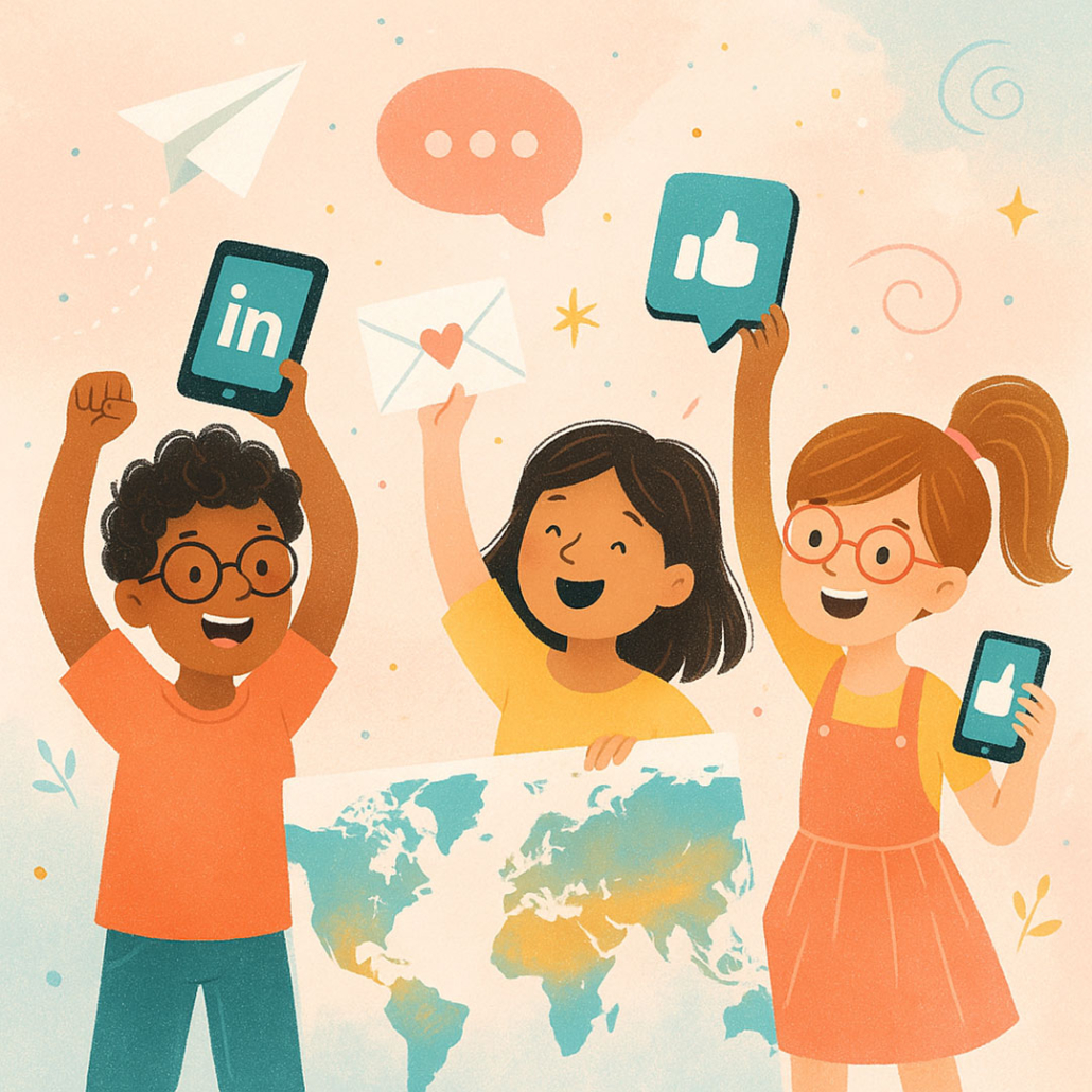 Värikäs kuvitus lapsista, jotka jakavat uutisia ja viestejä digilaitteilla maailman kartan edessä – symboloi ajankohtaisia uutisia ja someviestintää.