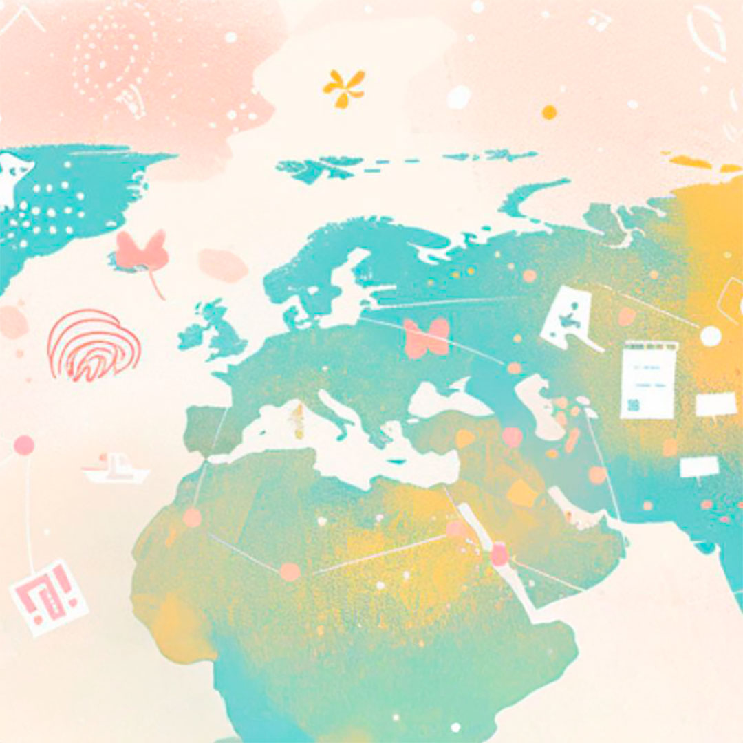 Värikäs ja leikkisä kuvitus, joka kuvaa digivinkkejä ja oppimista teknologian avulla – oppimisen iloa ja digitaalista luovuutta korostava teema.